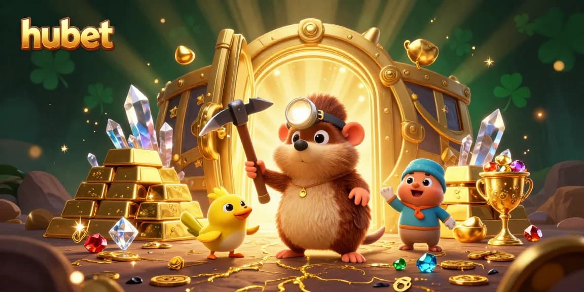 Hubet showcases an energetic scene of treasure hunting and casino allure with vibrant gems and golden treasures.