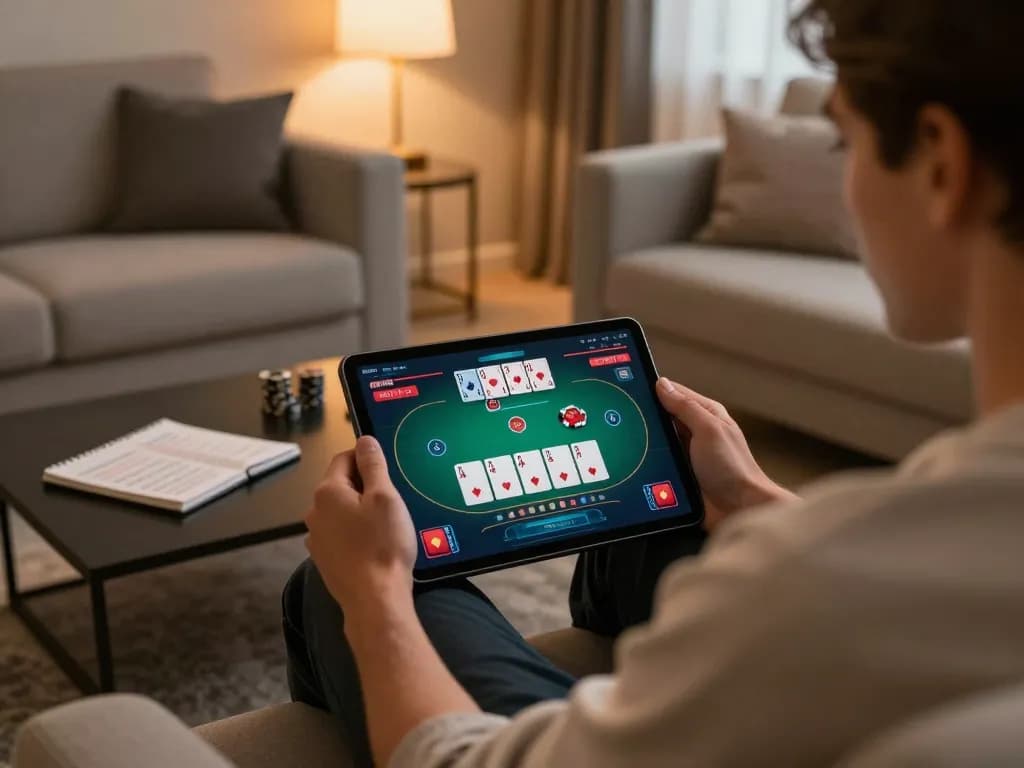 Player enjoying an online poker game on 9BET tablet, cozy living room ambiance.
