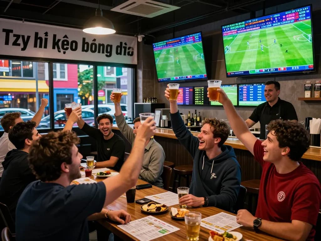 Tỷ lệ kèo bóng đá in a vibrant sports bar filled with fans celebrating a goal.