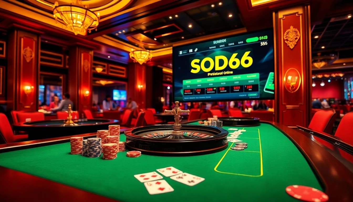 Players engaging at a lively casino table, showcasing SODO66 with vibrant betting chips and cards.