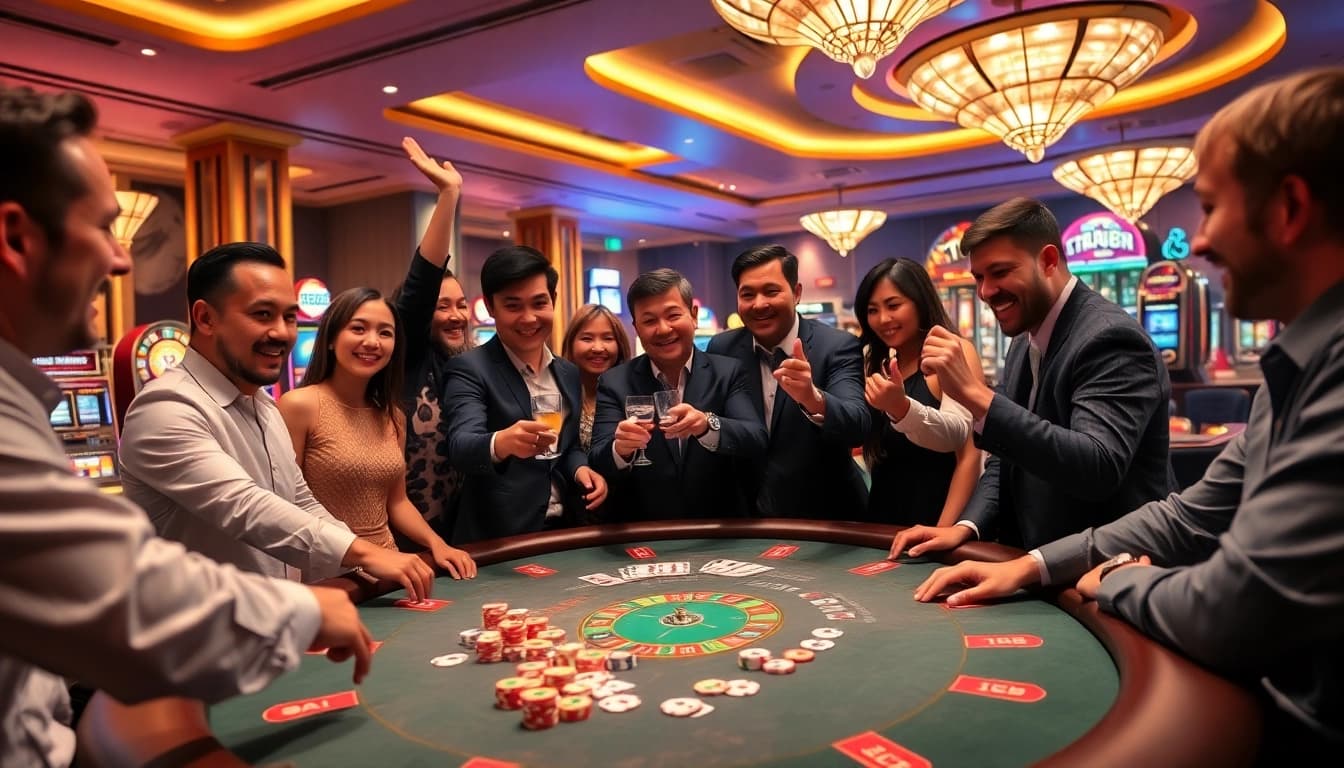 tr88 players celebrating wins at a premium casino poker table with colorful chips.