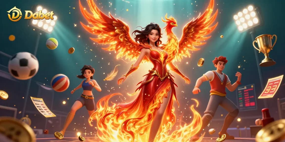 Dabet offers thrilling betting action with a stunning Asian woman and fiery phoenix in an engaging casino scene.