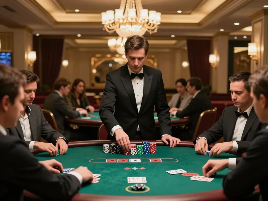 33win poker players engaged in high-stakes game at luxurious casino table setting.