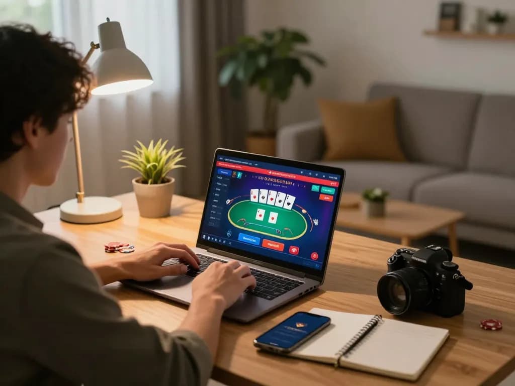 Player engages in online casino gaming through a laptop, showcasing sun win poker strategies for responsible gameplay.