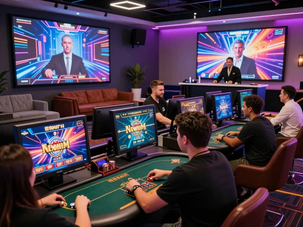 Dynamic gaming atmosphere featuring players at 23win virtual casino, showcasing excitement and engagement across various games.