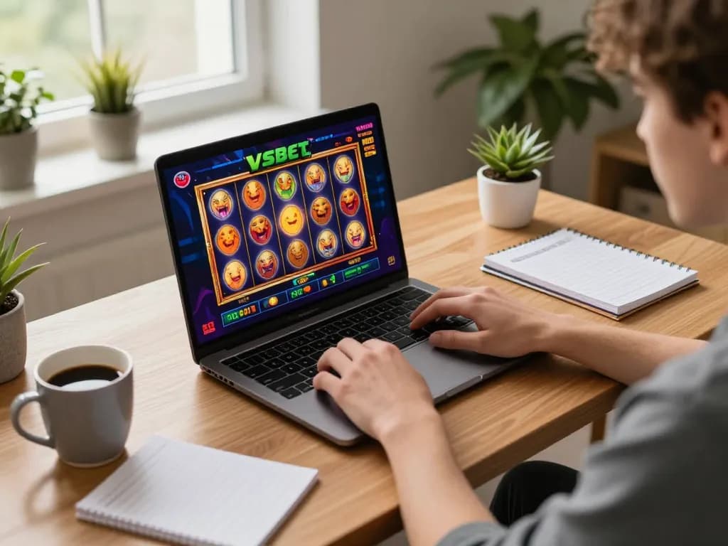Engaged player using Vsbet laptop for online slot game, demonstrating modern gambling experience.
