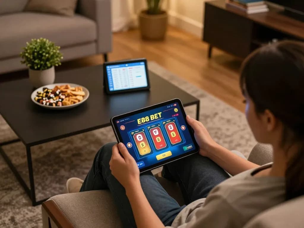 Engaging in EE88 BET online poker gameplay on a tablet in a cozy home setting