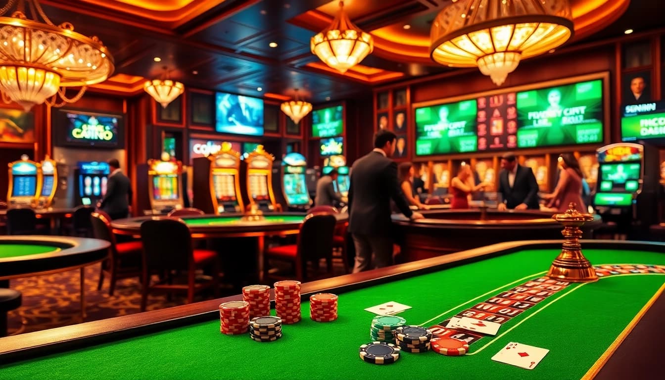 SUNCITY casino scene featuring vibrant tables, slot machines, and excited players enjoying their games.