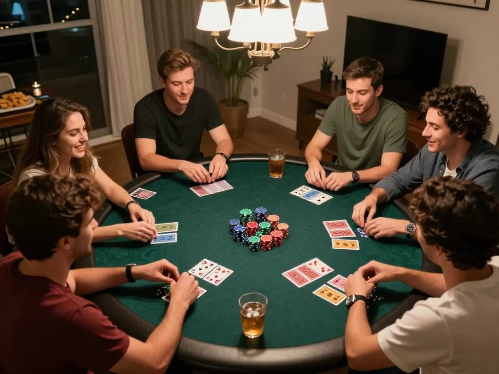 Engaging players at a friendly iwin club poker game night with chips and cards.