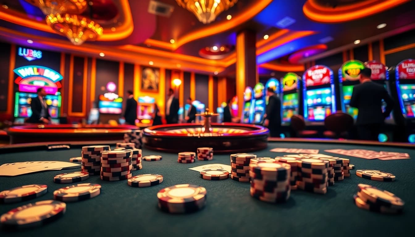 Players enjoying a thrilling game at the LU88 casino table filled with colorful chips and cards.