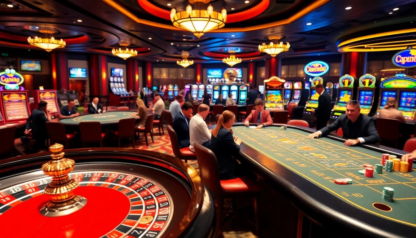 Exciting gambling scene at dom88.us.com with vibrant casino tables, poker chips, and slot machines.
