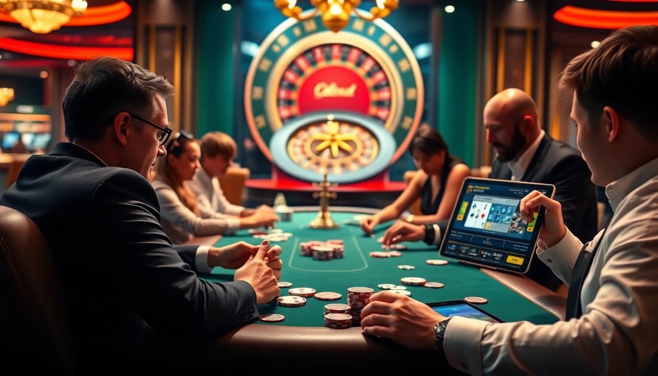 Gambling scene with poker players at a table featuring the hidden wiki for strategic insights.