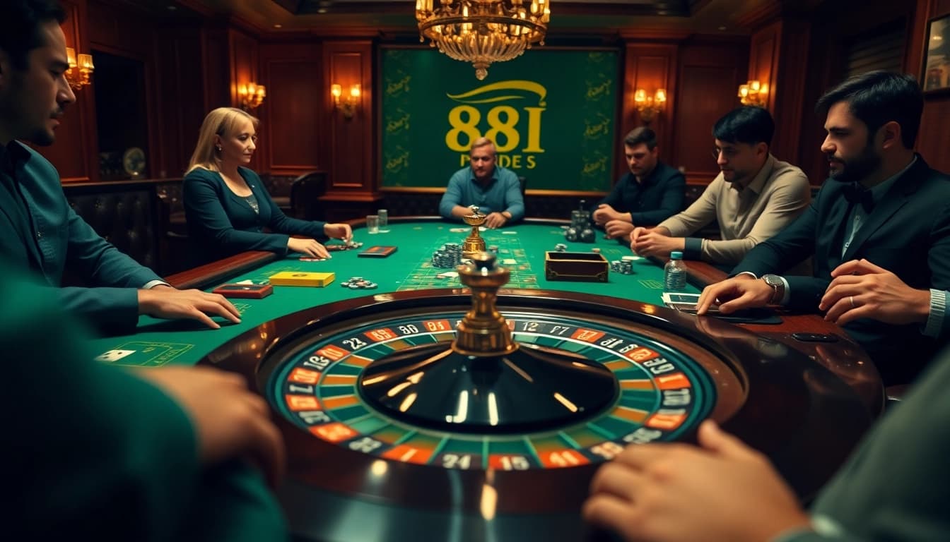 Intense gameplay at the 88I casino table featuring poker chips and cards.