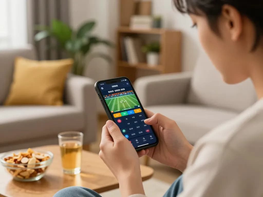 Engaging smartphone gaming session at home with BL555 betting app in action