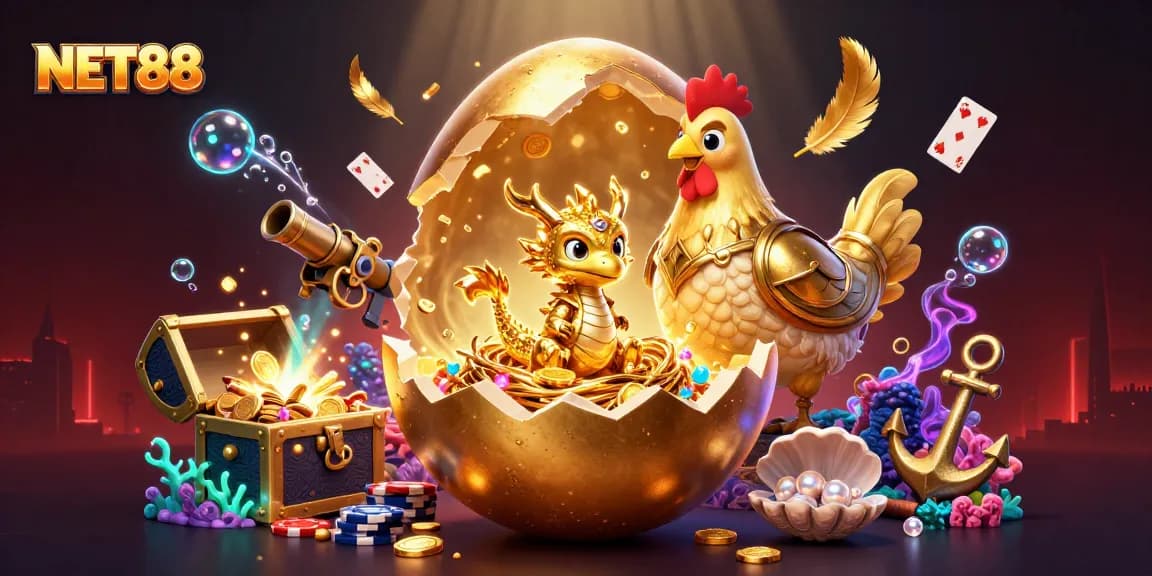 Experience NET88 with a vibrant scene featuring a golden dragon and poker chips amidst bioluminescent treasures.