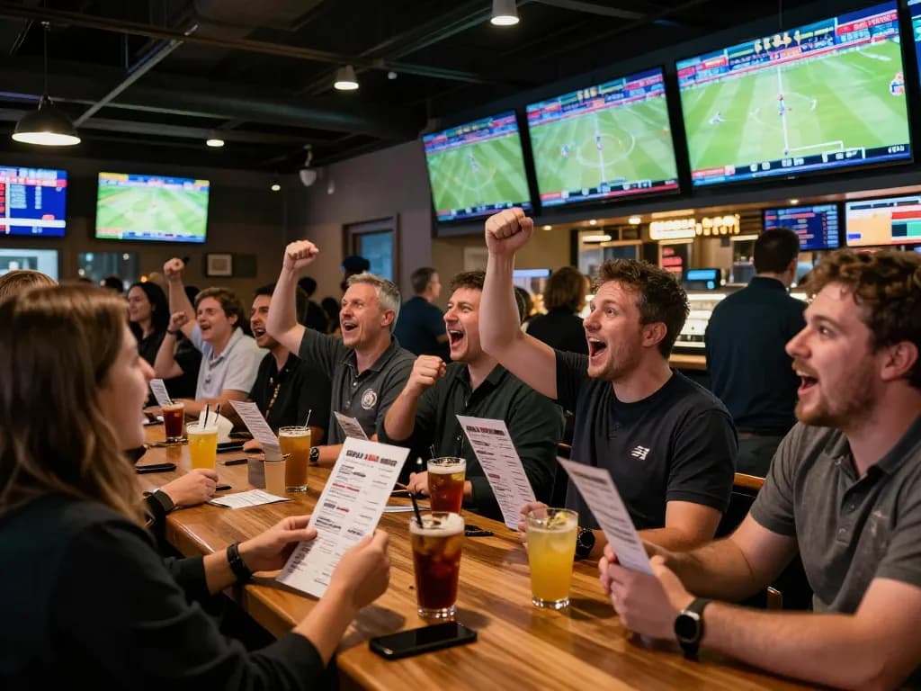 Tỷ lệ kèo nhà cái displayed prominently on screens in a lively sports betting environment.