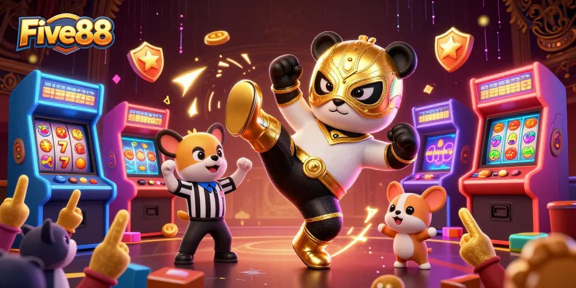 Engage with Five88 as the panda wrestler performs a powerful kick in a lively 3D casino setting.