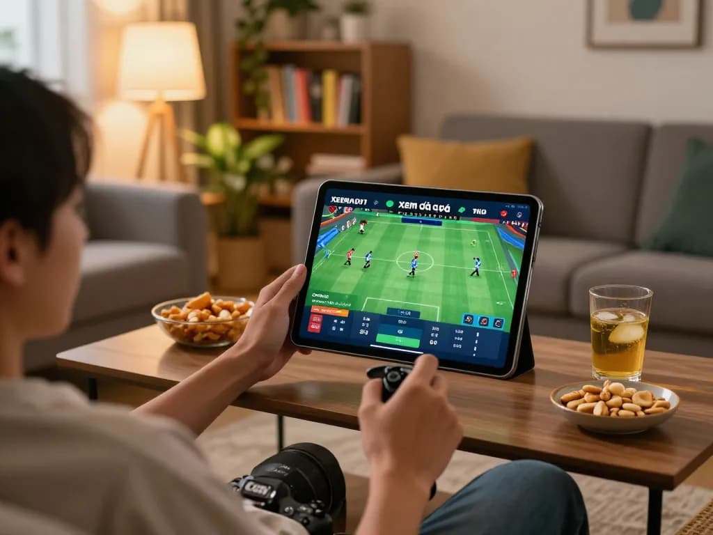 xem đá gà trực tiếp HD với một người tận hưởng phiên chơi game trực tuyến thoải mái trong phòng khách