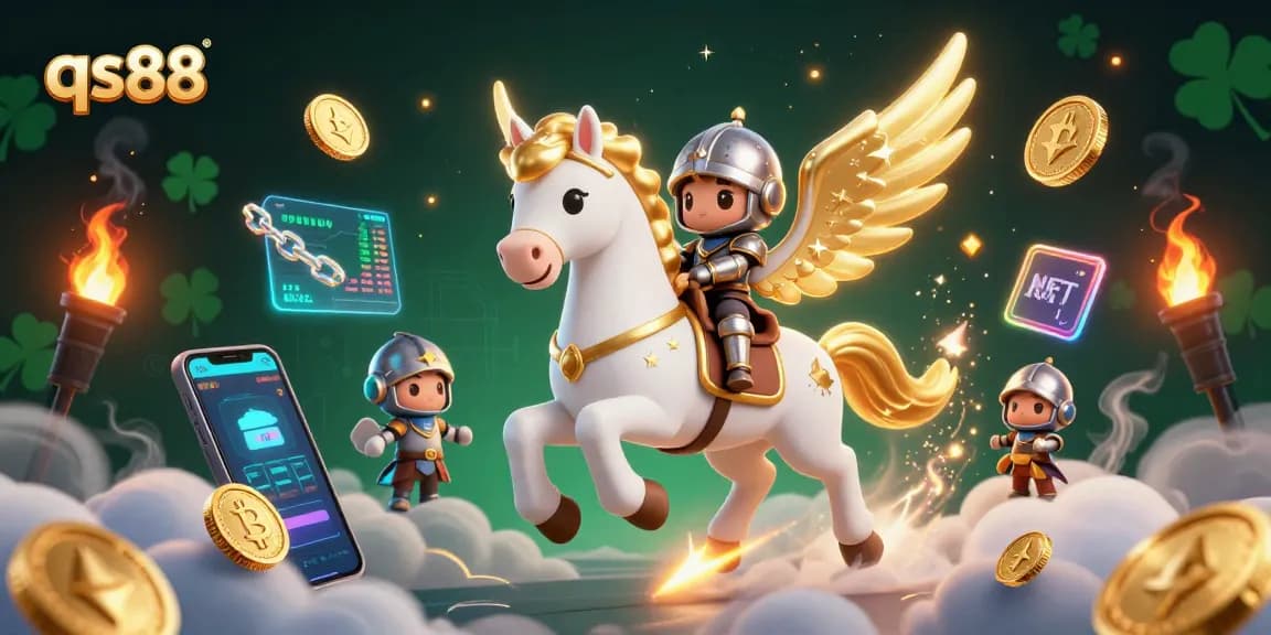 Experience thrilling action at qs88 with a celestial horse and knight amidst colorful crypto excitement.