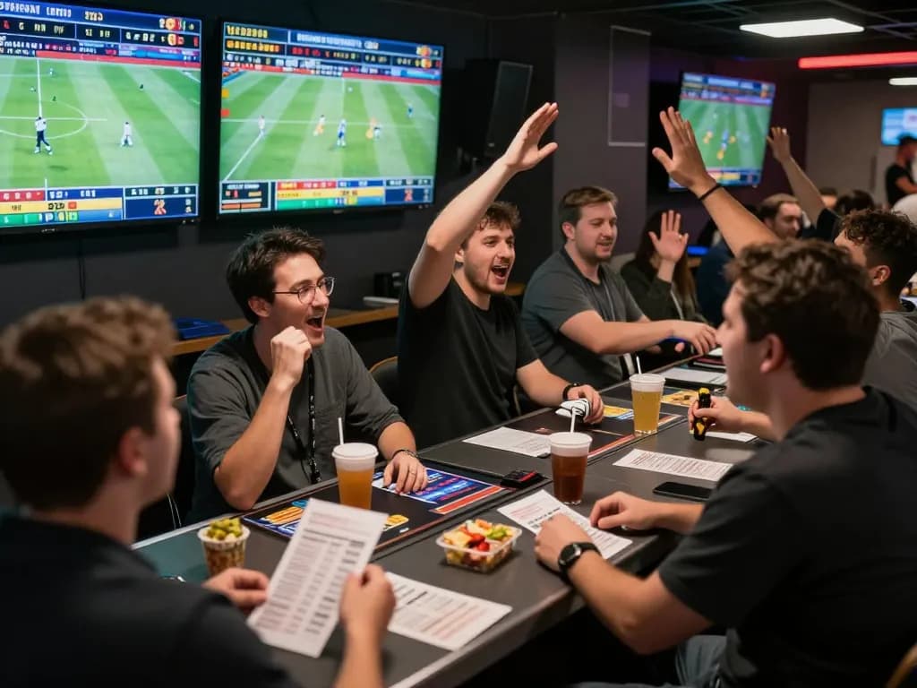 Fans celebrating a winning sports bet at a lively betting venue, featuring sc88bn.