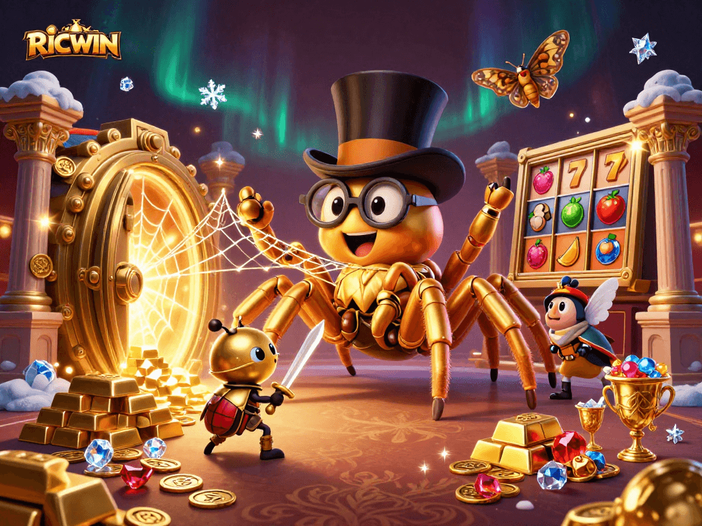 Experience the excitement of RICWIN as a giant golden tarantula spins a web of fortune amid casino treasure.