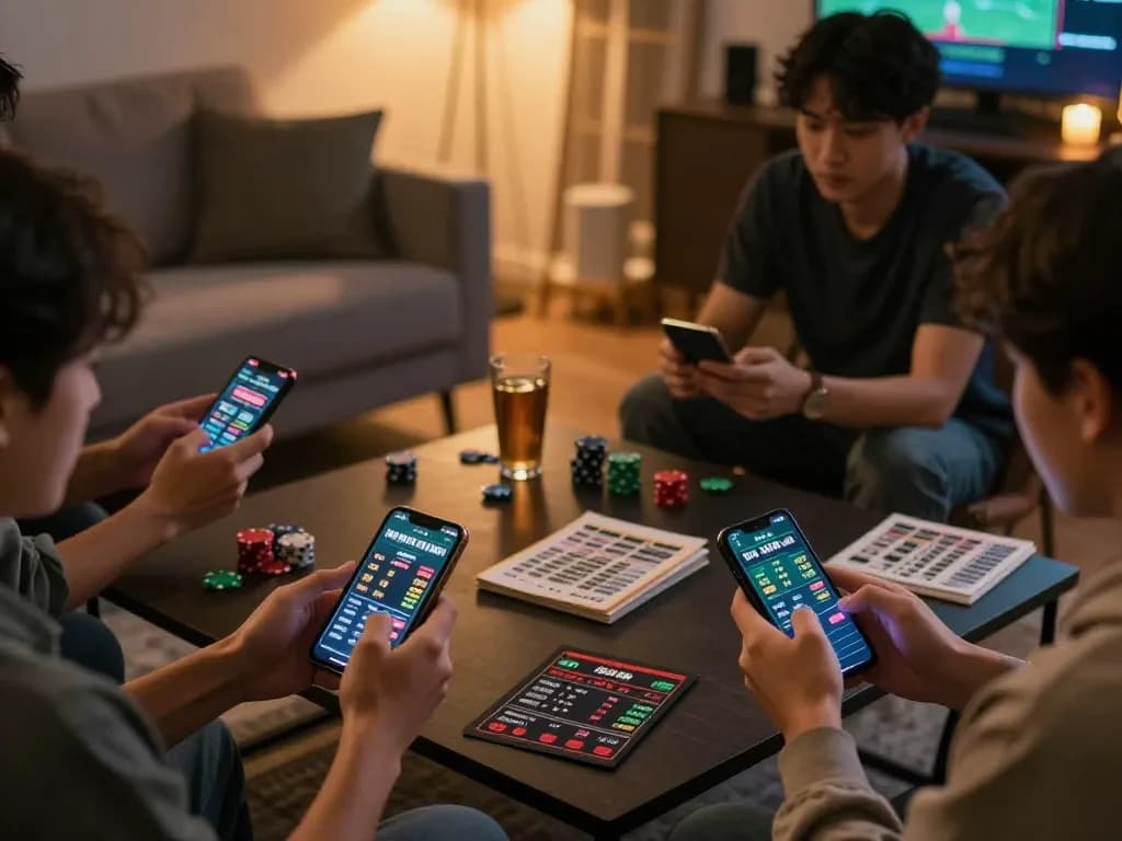 Engaging in strategic betting actions on Ok9 with smartphones and odds displayed.