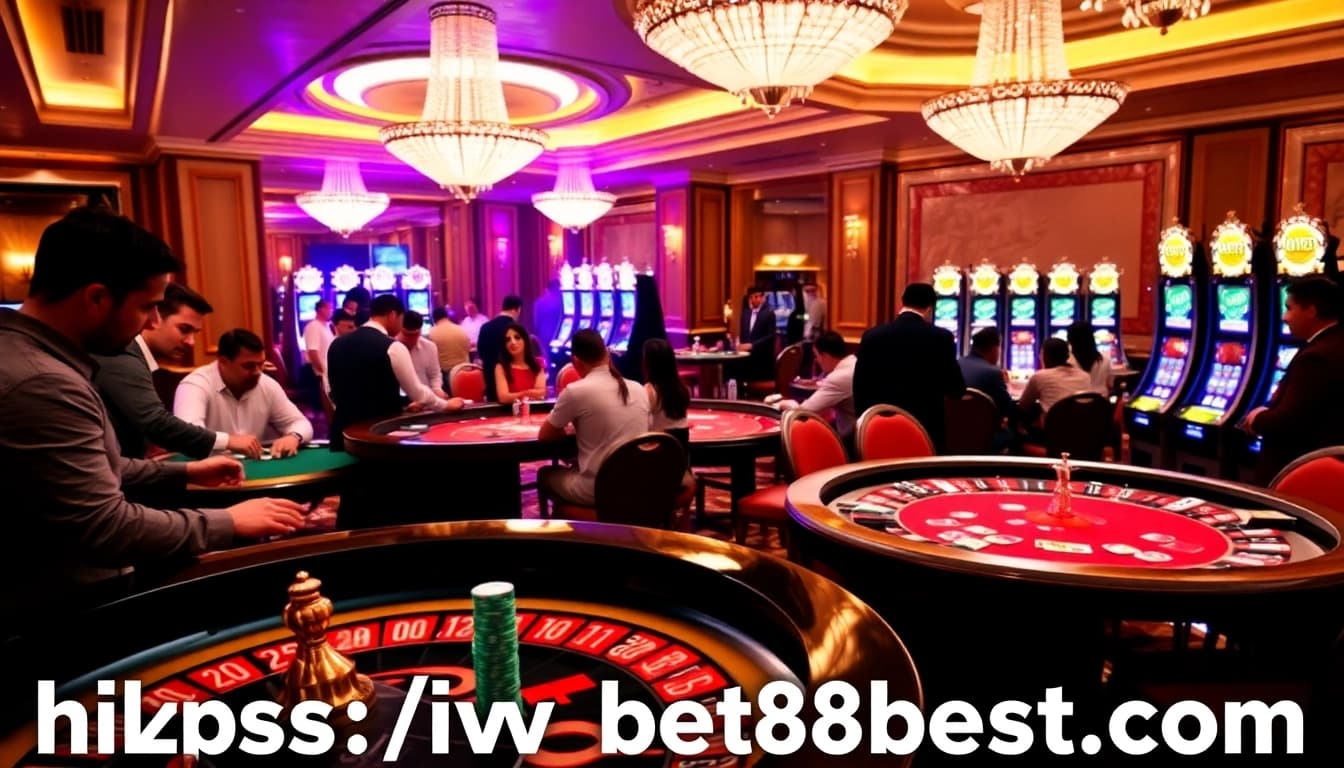 Players enjoying a thrilling roulette game at https://bet88best.com/ casino ambiance, showcasing excitement and luxury.
