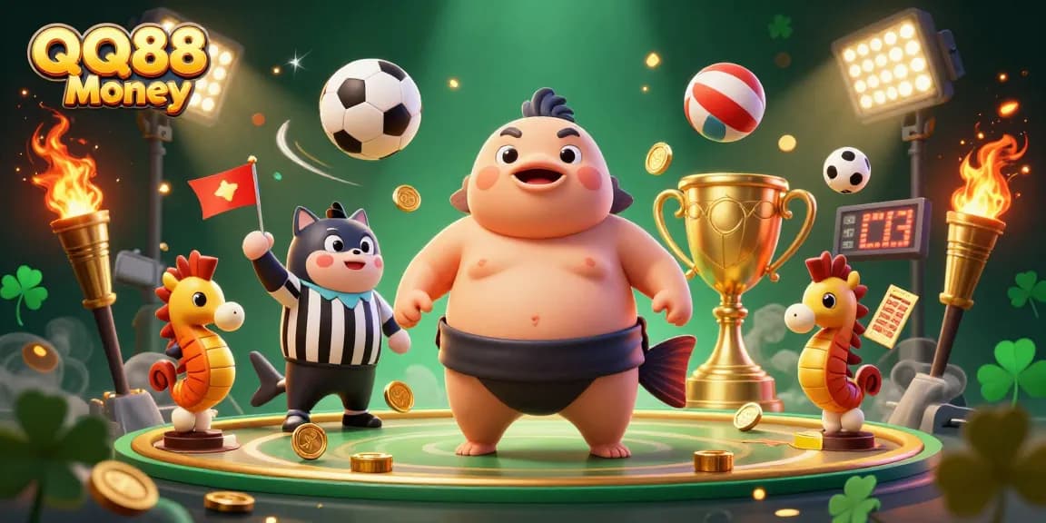 Engaging scene showcasing QQ88 Money with a fugu in a sumo belt and cheering sea creatures amidst vibrant betting elements.