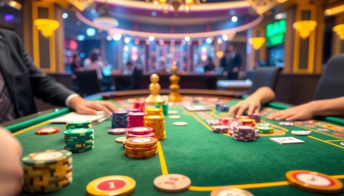 The thrilling action at a poker table representing 33win com with colorful chips and cards.