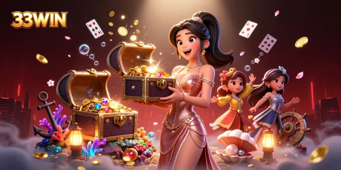 Engaging illustration of 33WIN showcasing a joyful character with treasures, reflecting casino excitement.