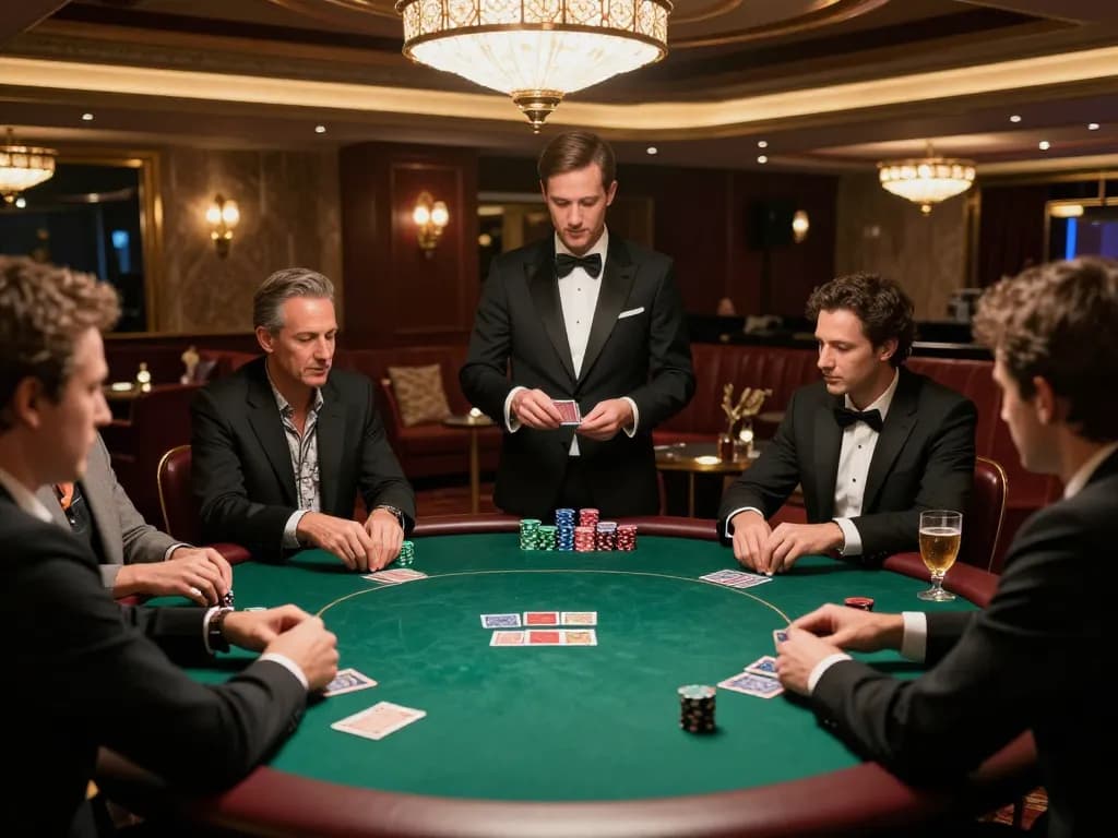 High-stakes poker scene at QH88go highlighting excitement and luxury in a VIP casino lounge
