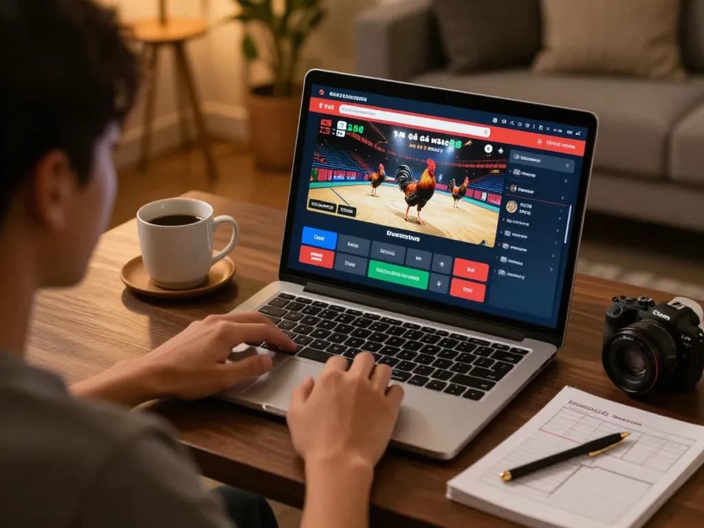 Person placing bets on Đá gà wala88 in a cozy home setting with a laptop