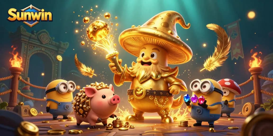 Experience the excitement of Sunwin's gaming world with golden treasures and vibrant casino elements.