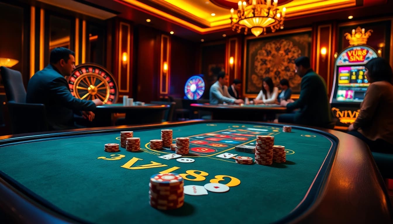 Experience the excitement of VU88 at a luxurious casino table filled with chips, cards, and a virtual roulette wheel.