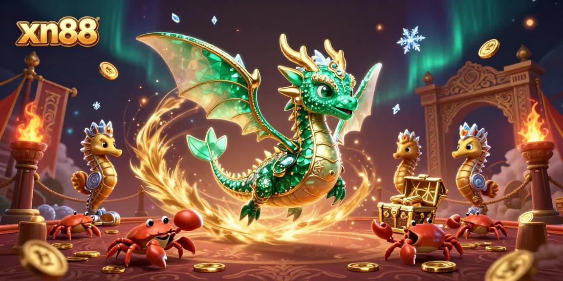 Experience thrilling gameplay with xn88 as a sea dragon and treasure chest illuminate the casino atmosphere.