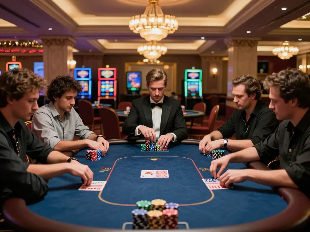 SX88.com players strategizing during a high-stakes poker game in an upscale casino environment