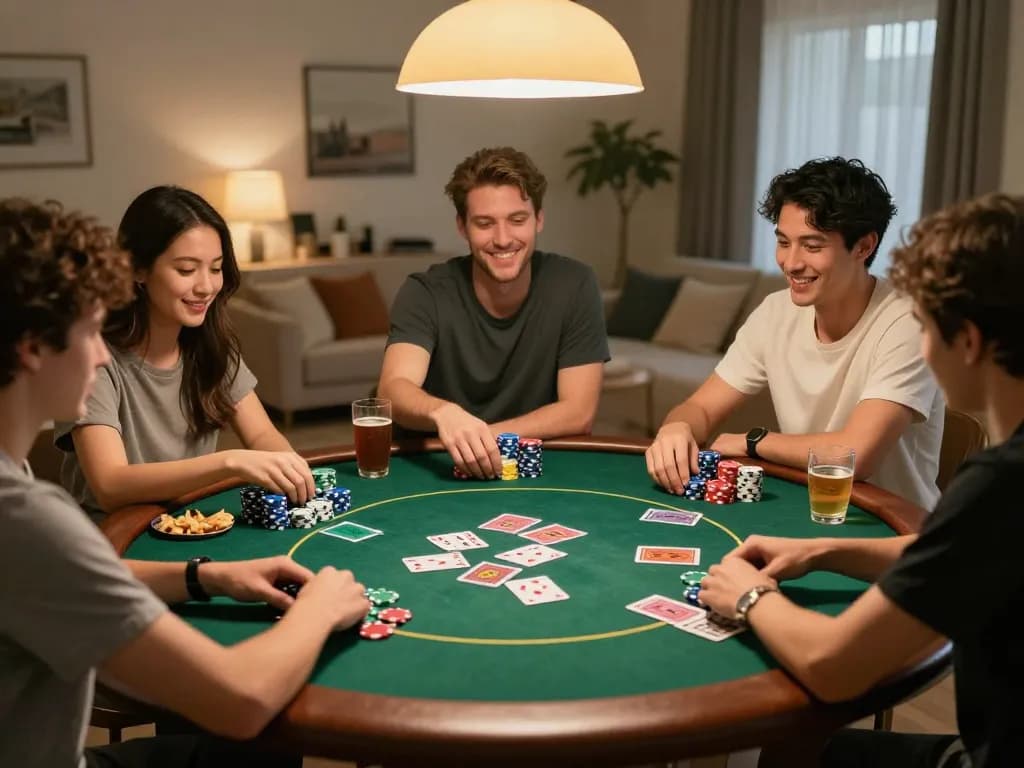 Engaged players enjoying a fun poker night at home while discussing strategies on 789win com.