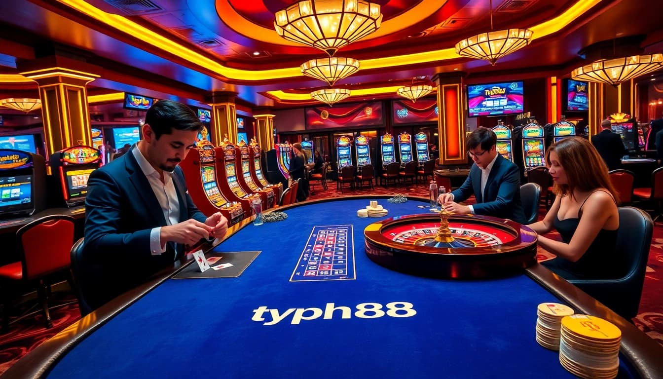 Experience the excitement of typhu88 at a luxurious casino gambling table with players engaged in high-stakes action.