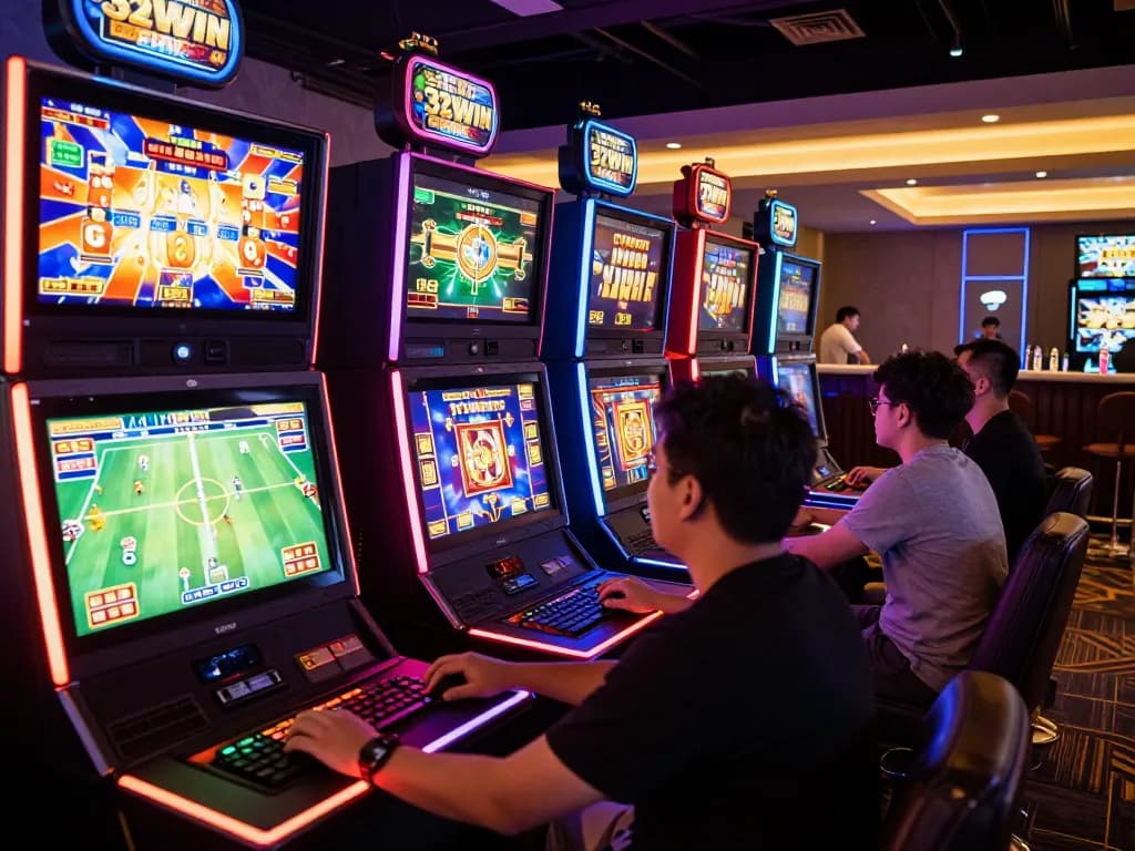 Player enjoying thrilling gaming experience at 32win online casino, vibrant slot machines, and interactive digital sports betting.