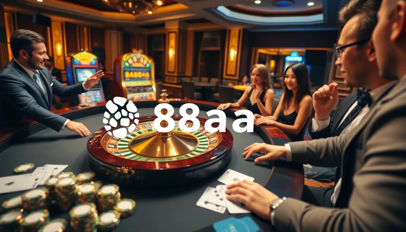 Excited players betting at a roulette table in a luxurious casino setting featuring 88aa.
