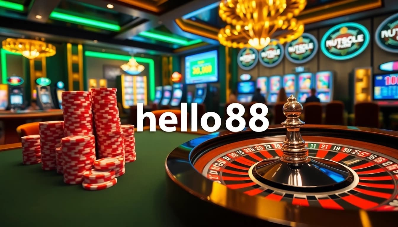 Hello88 casino scene with poker chips, roulette wheel, and online gambling excitement.