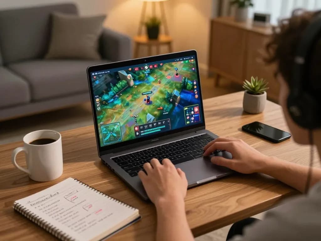 Engage in tg88 game strategy with a laptop and cozy home setup.