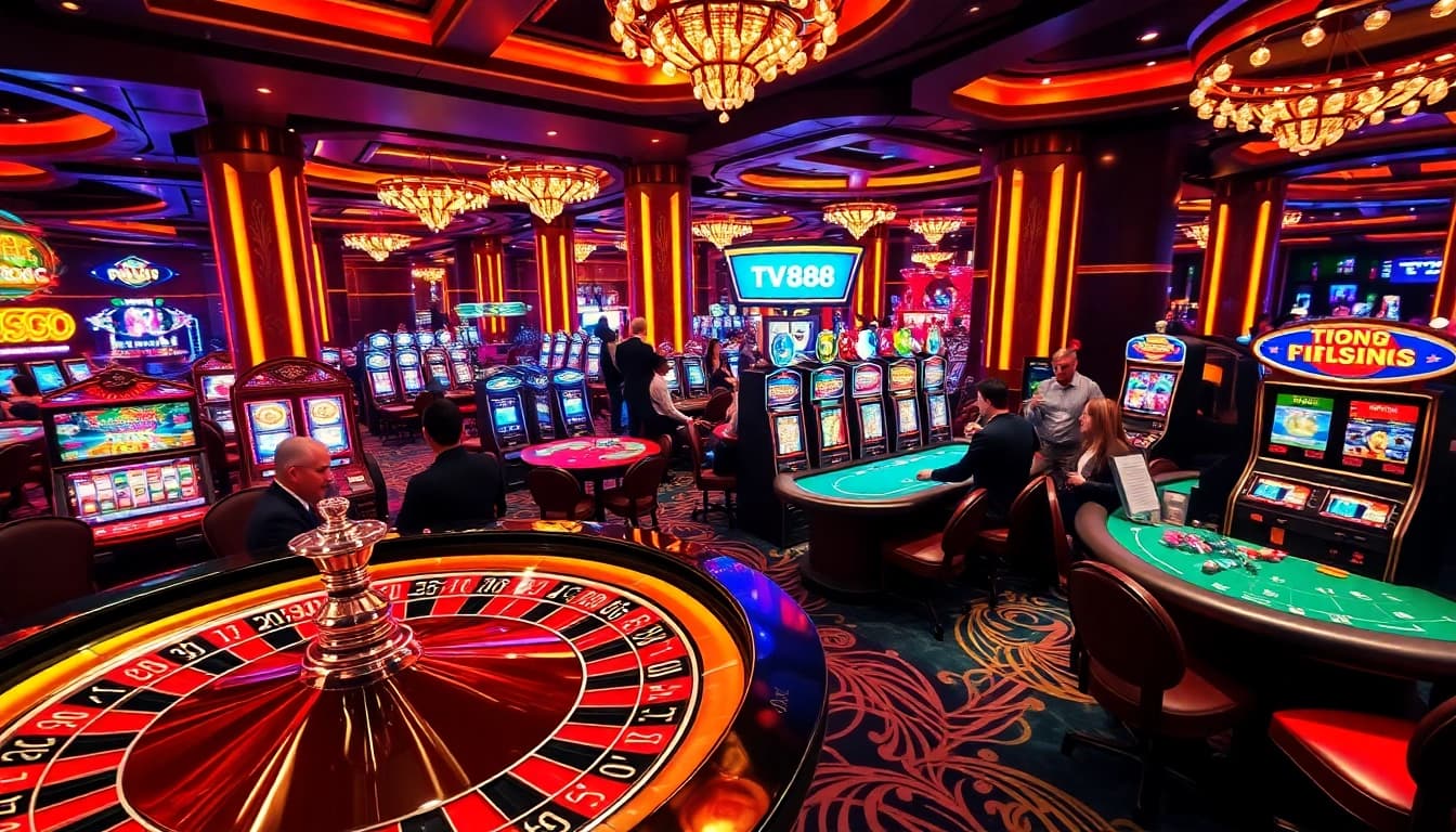 Experience the excitement of winning at TV888 with vibrant casino games and dynamic lighting.
