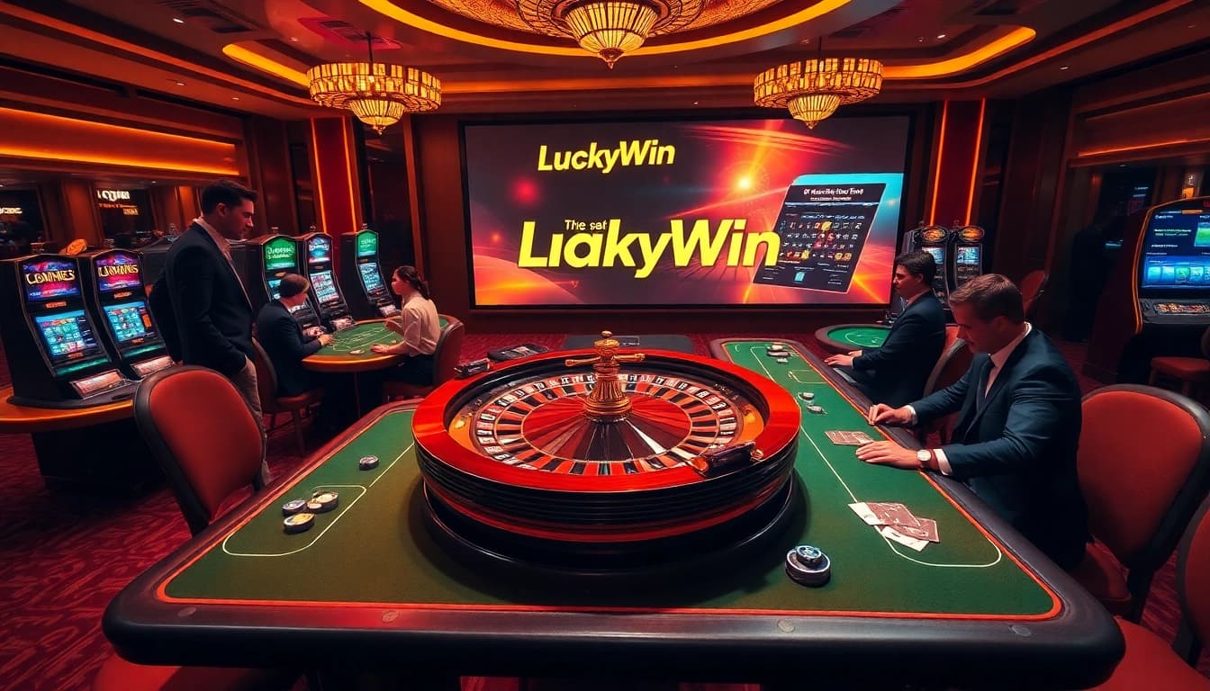 Experience the thrill of gameplay at LuckyWin with vibrant casino visuals featuring poker tables and roulette wheels.