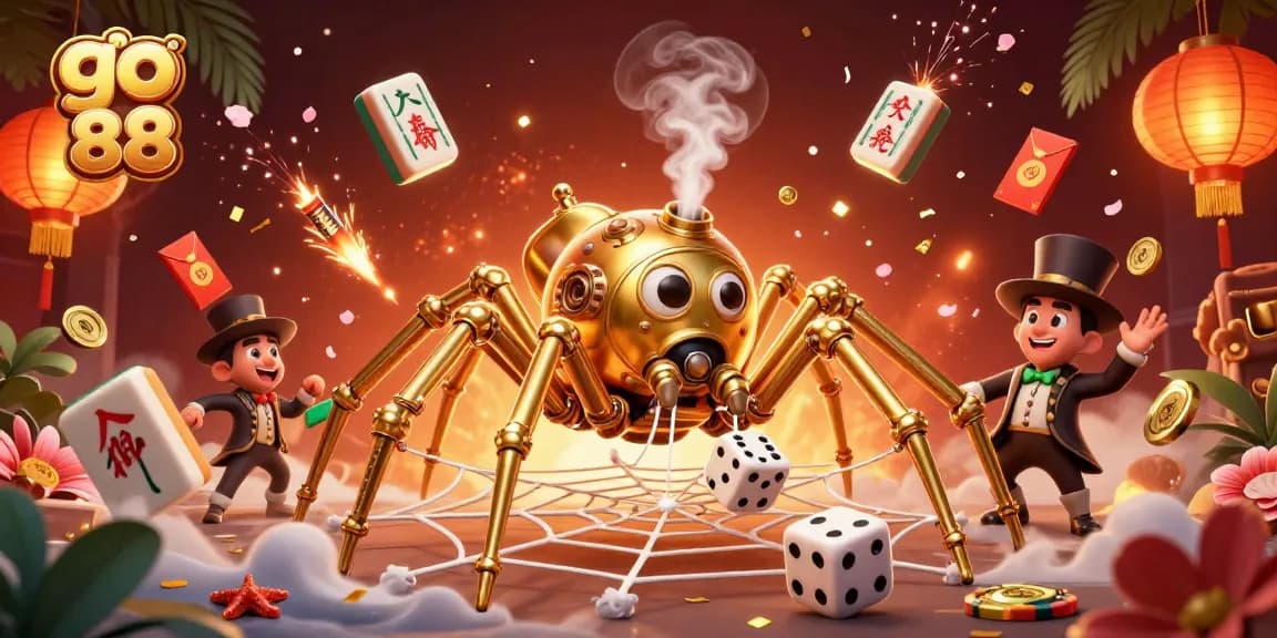 Engage in thrilling moments at go 88 while the golden spider catches dice in its web amid vibrant casino elements.