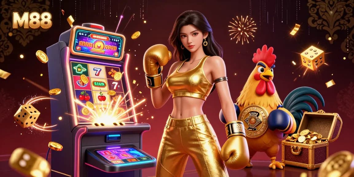 M88 champions gather for action, surrounded by slots, jackpots, and casino excitement.