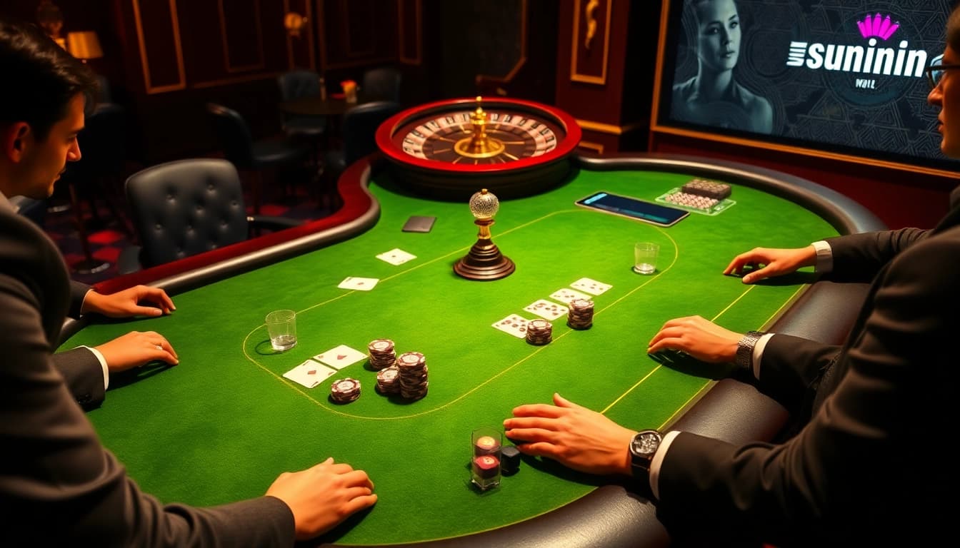 Players enjoying a thrilling poker game with sunwin branding amidst luxurious casino surroundings.
