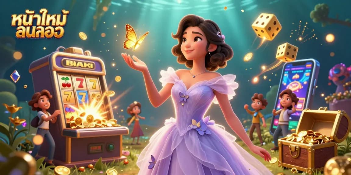 Experience excitement with หนังใหม่ชนโรง in a vibrant casino-themed illustration featuring a stunning Asian woman.