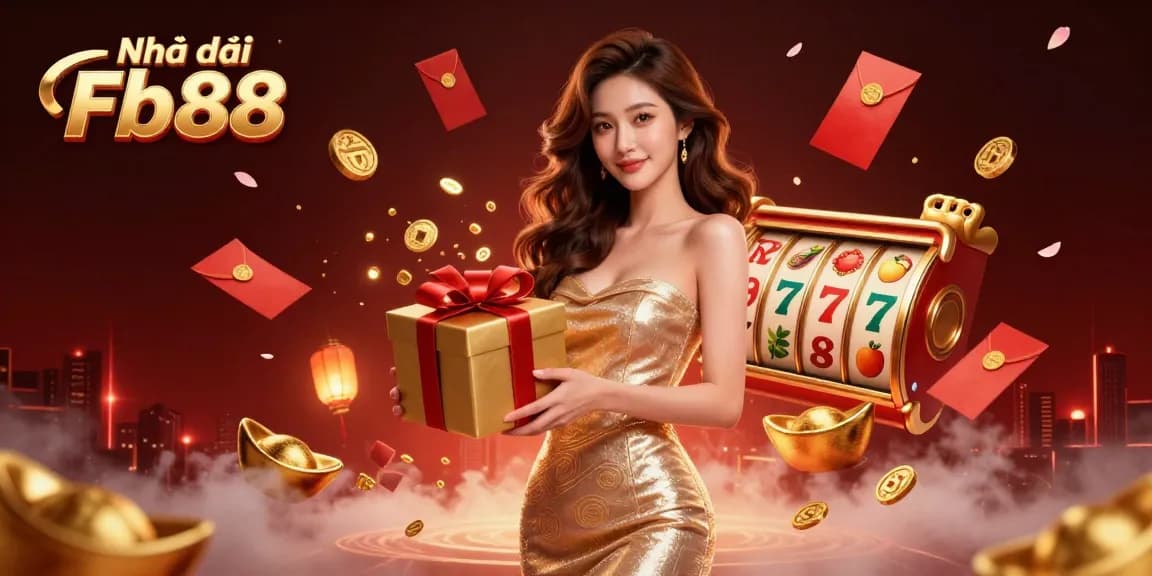 Engage with Nhà cái Fb88 and discover festive casino excitement through a vibrant illustration showcasing gold coins spilling from a gift box.