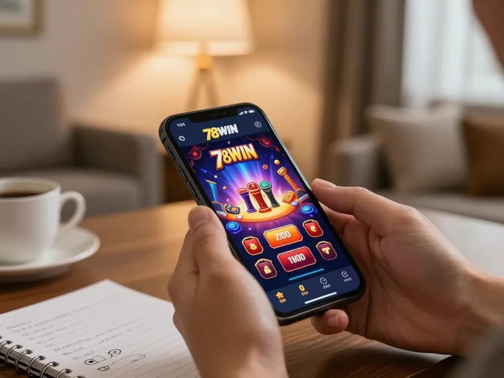 Engaging with the 78WIN casino app while enjoying a cozy home environment for strategic gaming.